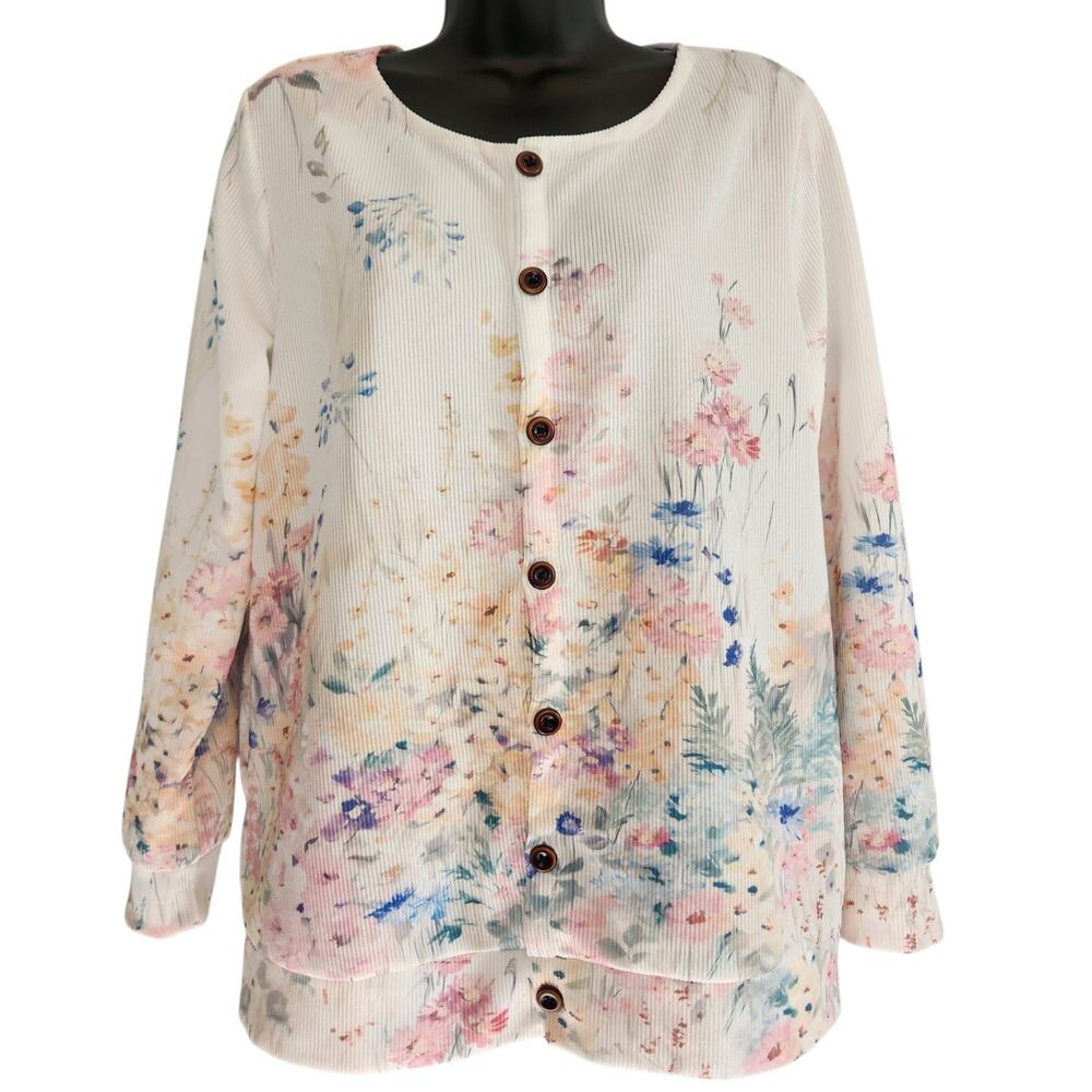 Floral print cardigan sweater lightweight white ribbed size M